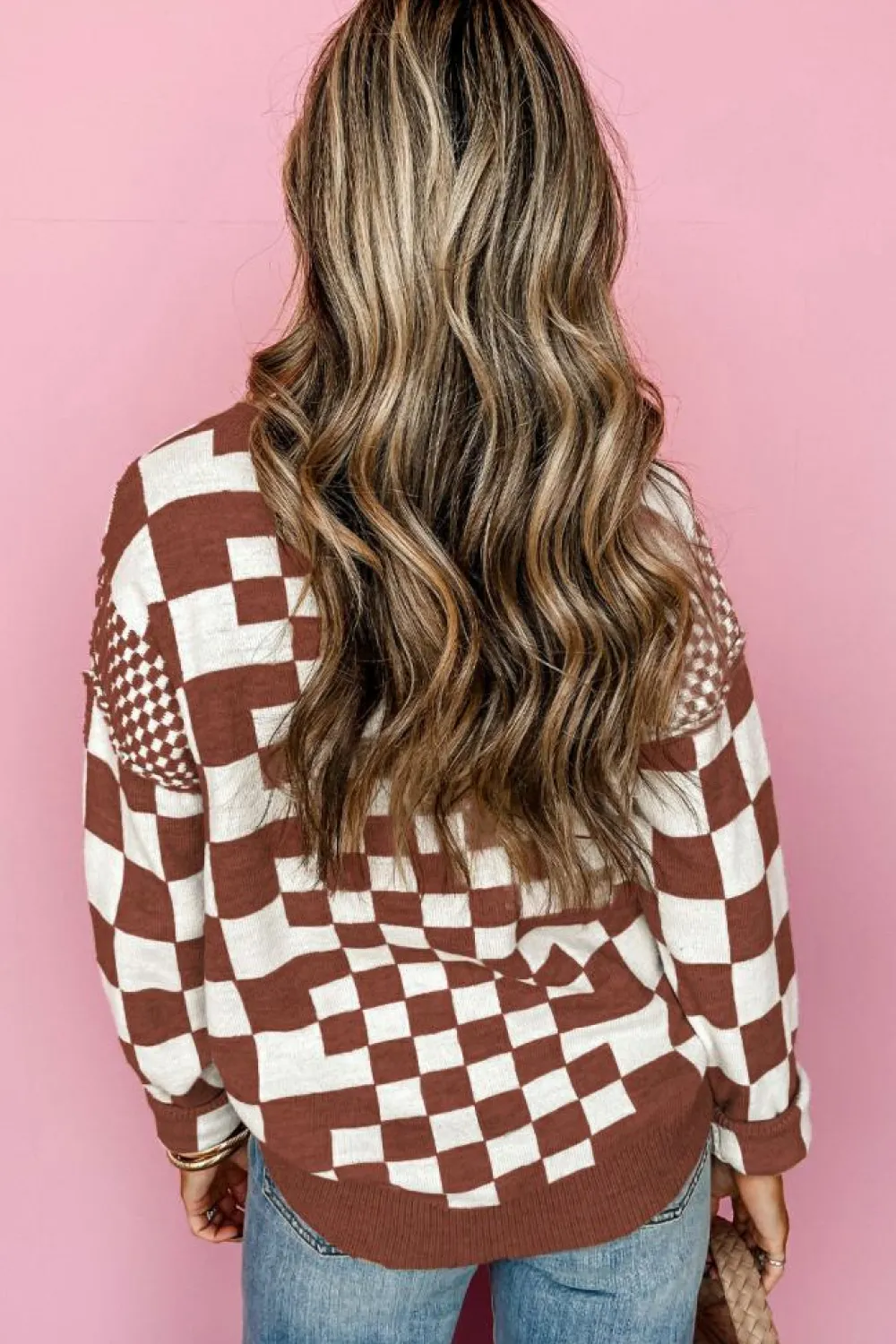 Discount Dear-Lover Checkered Print Drop Shoulder Round Neck Sweater Brown