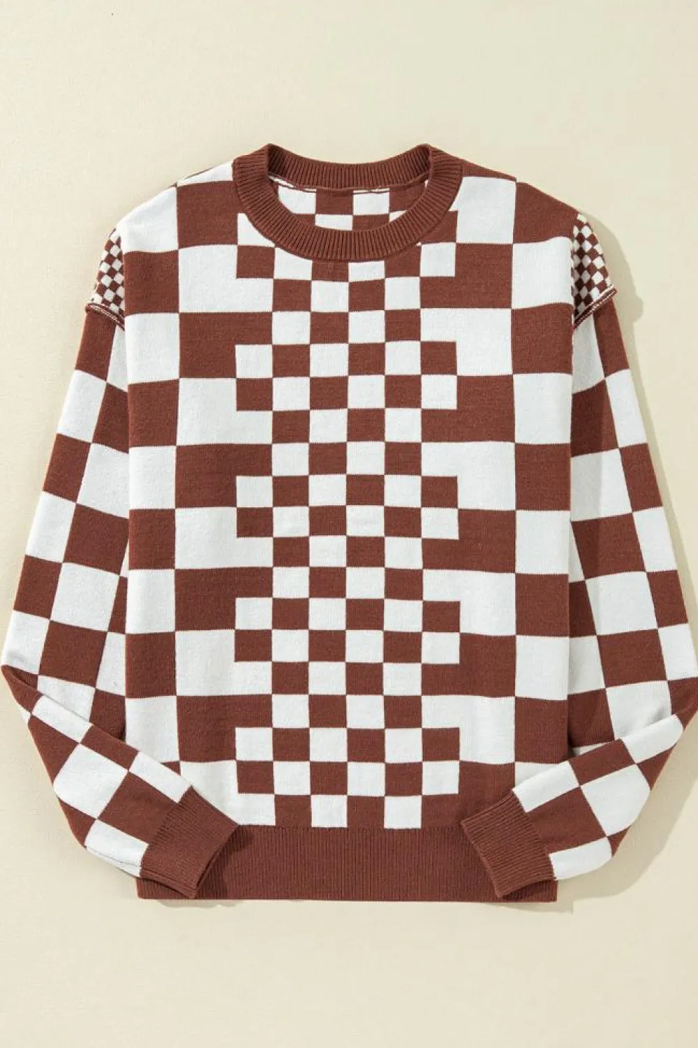 Discount Dear-Lover Checkered Print Drop Shoulder Round Neck Sweater Brown