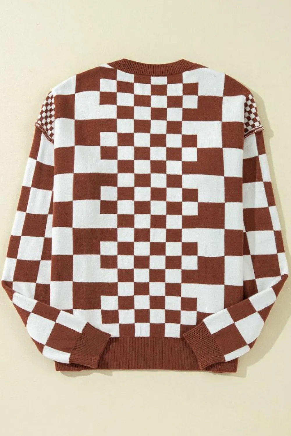 Discount Dear-Lover Checkered Print Drop Shoulder Round Neck Sweater Brown