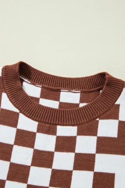 Discount Dear-Lover Checkered Print Drop Shoulder Round Neck Sweater Brown