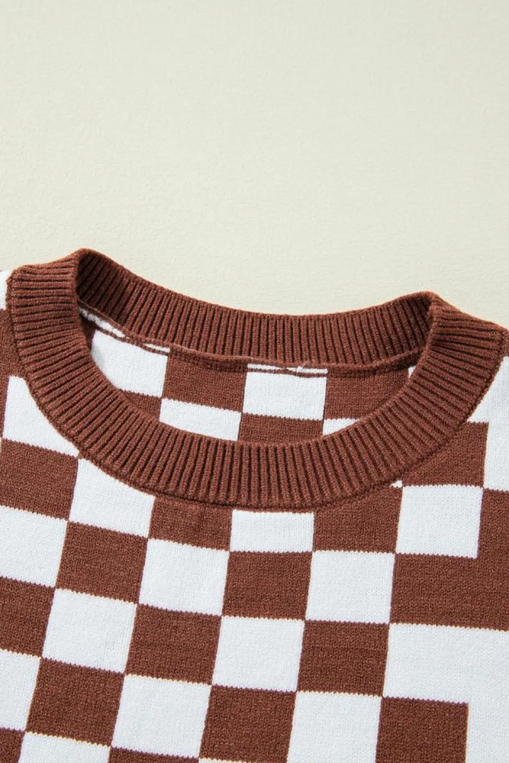 Discount Dear-Lover Checkered Print Drop Shoulder Round Neck Sweater Brown