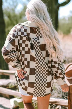 Discount Dear-Lover Checkered Print Patchwork Corduroy Shacket Brown