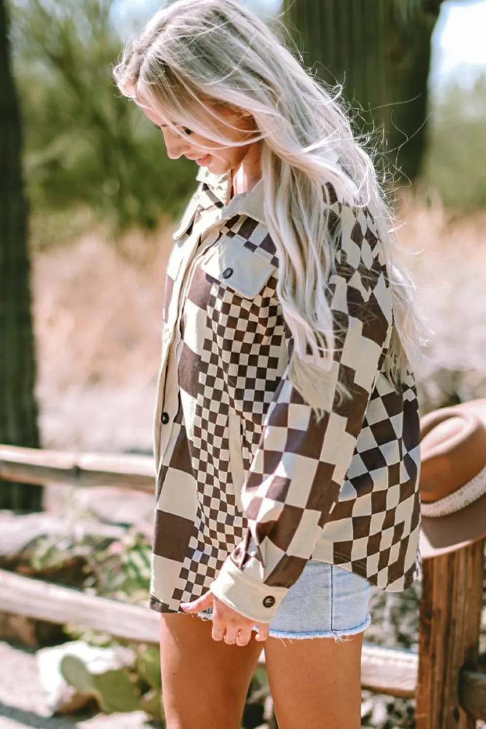 Discount Dear-Lover Checkered Print Patchwork Corduroy Shacket Brown