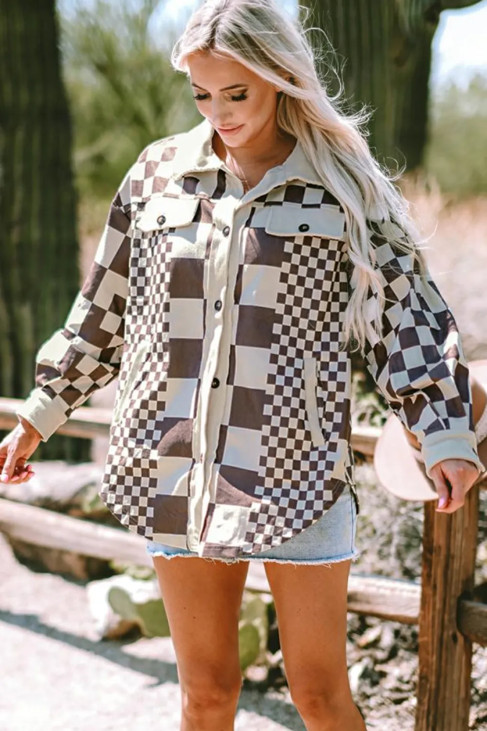 Discount Dear-Lover Checkered Print Patchwork Corduroy Shacket Brown