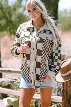 Discount Dear-Lover Checkered Print Patchwork Corduroy Shacket Brown