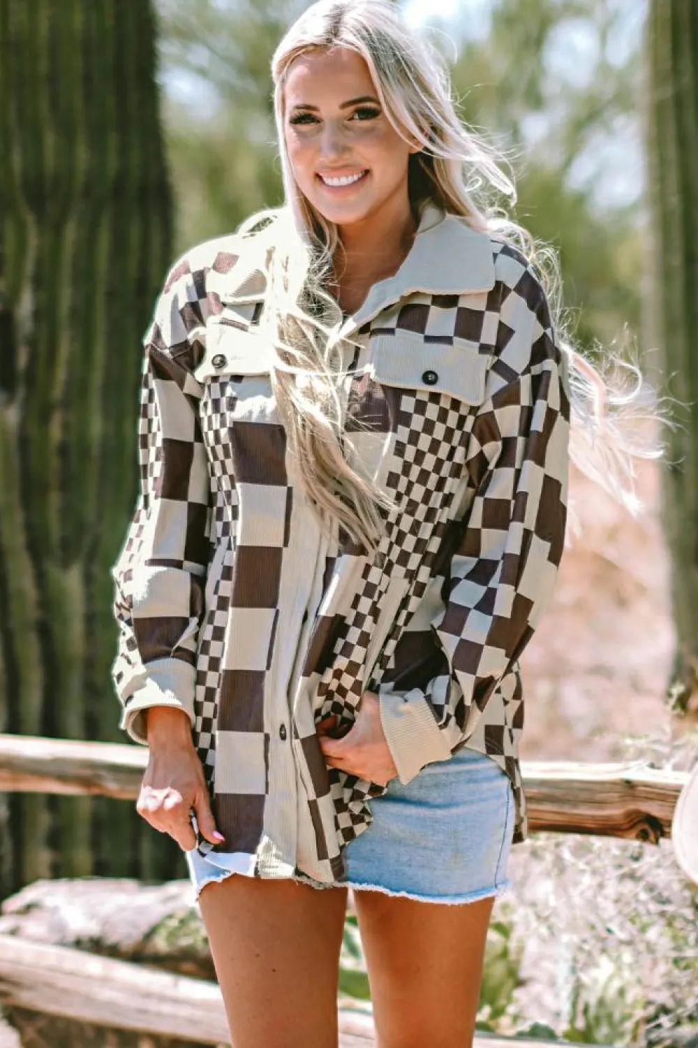Discount Dear-Lover Checkered Print Patchwork Corduroy Shacket Brown
