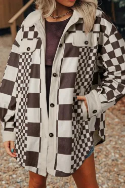Discount Dear-Lover Checkered Print Patchwork Corduroy Shacket Brown