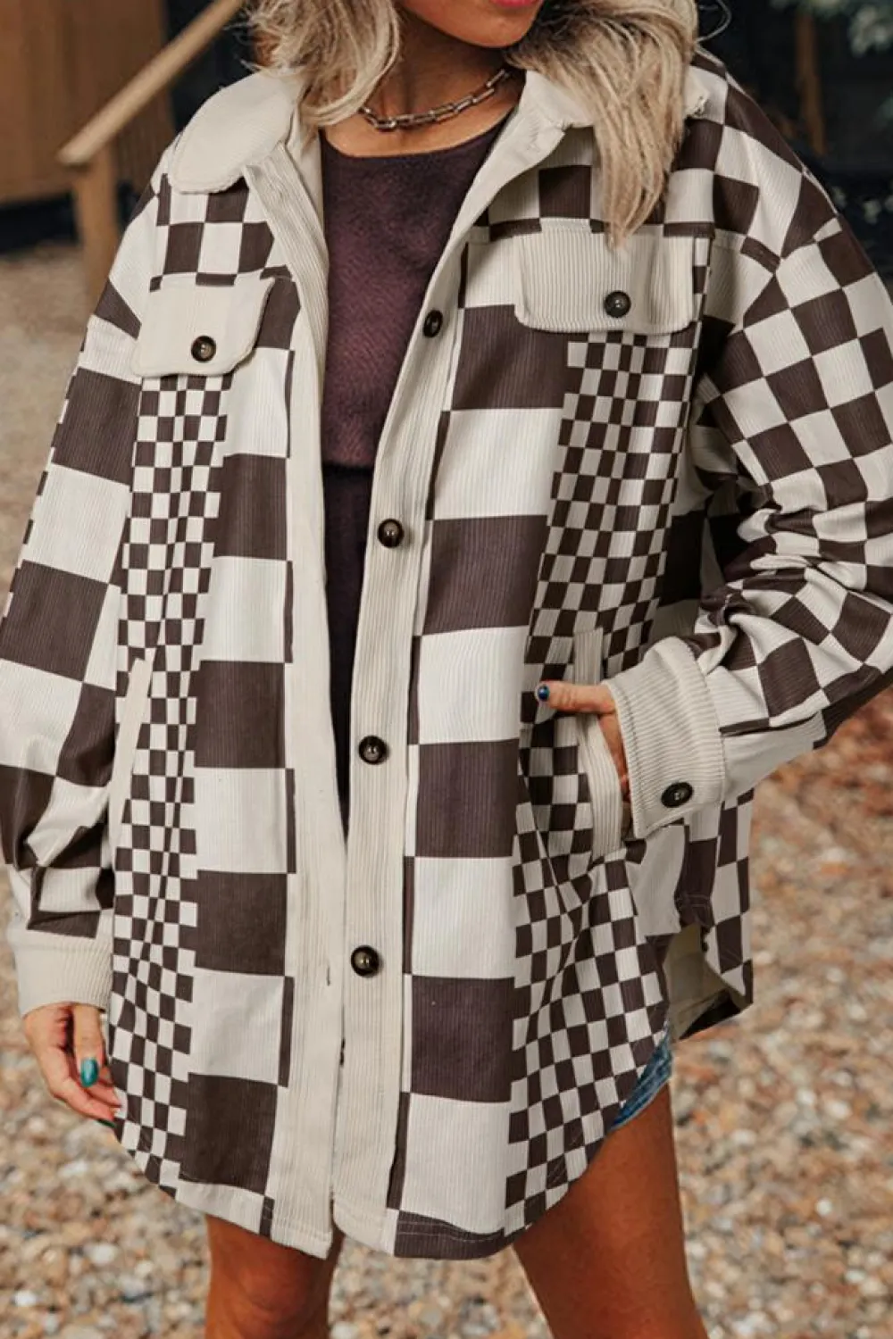 Discount Dear-Lover Checkered Print Patchwork Corduroy Shacket Brown