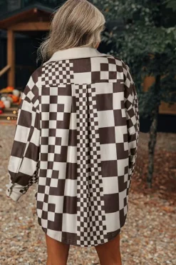 Discount Dear-Lover Checkered Print Patchwork Corduroy Shacket Brown