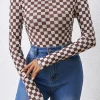 New Dear-Lover Checkered Printed Long Sleeve High Neck Bodysuit Brown