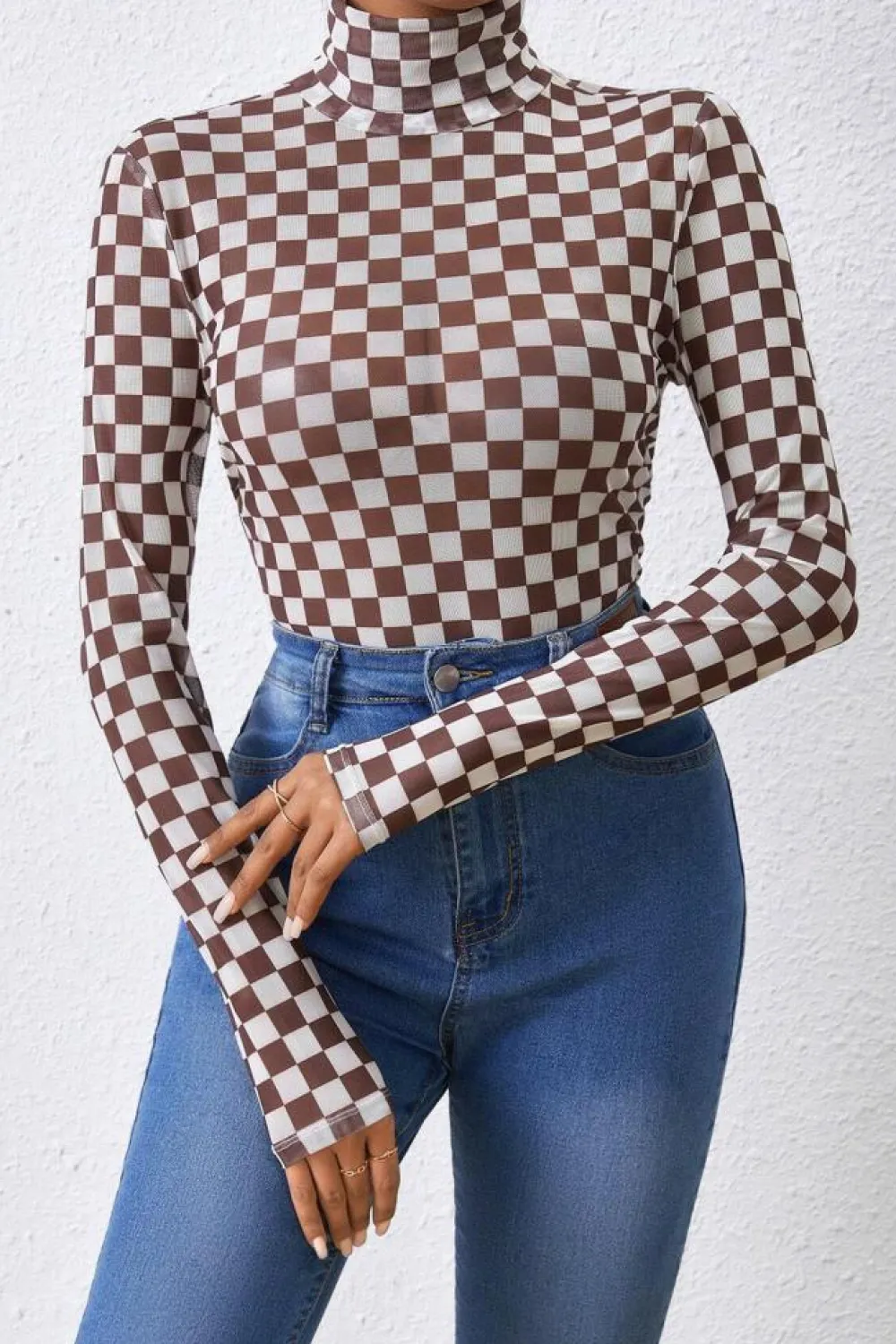 New Dear-Lover Checkered Printed Long Sleeve High Neck Bodysuit Brown