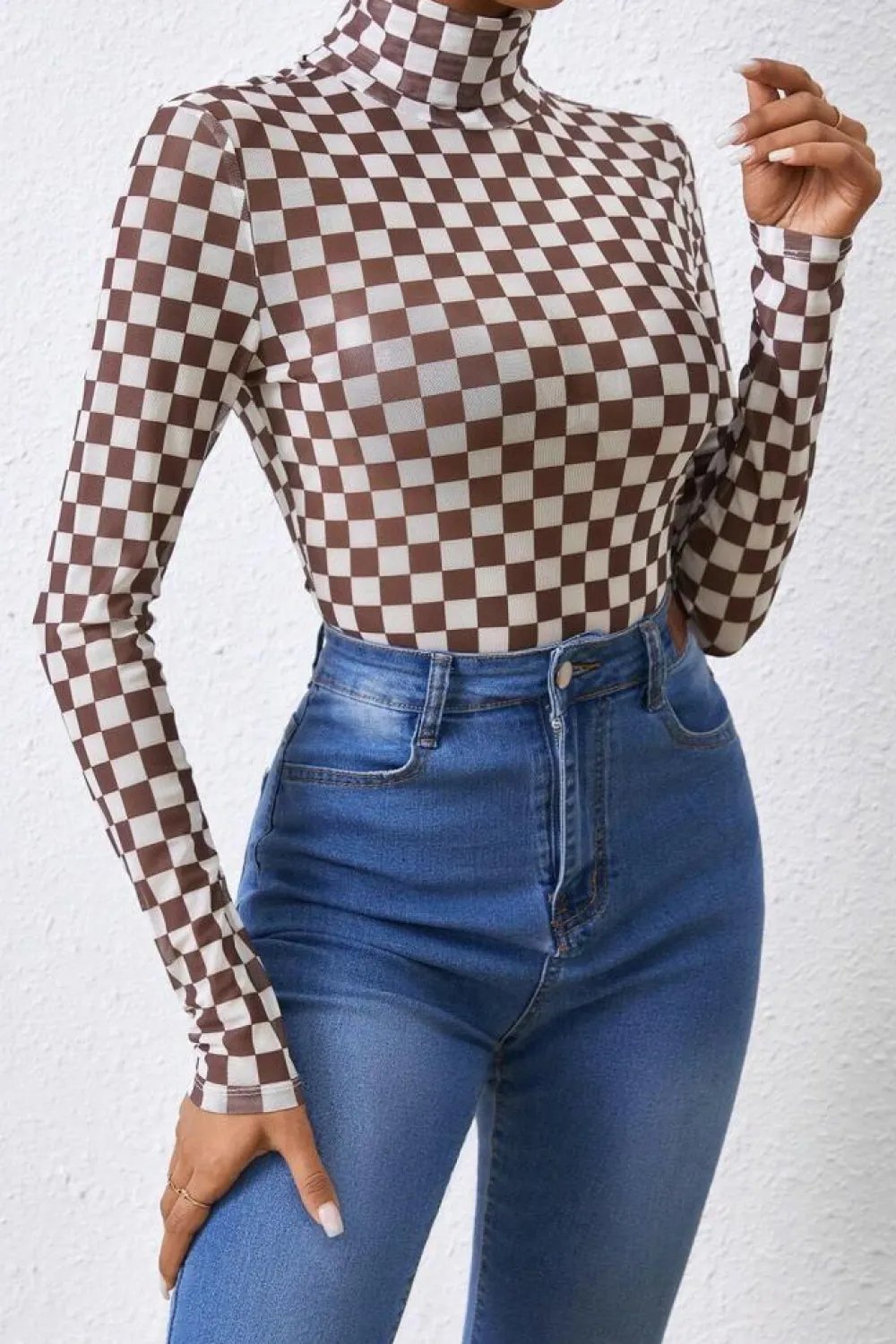 New Dear-Lover Checkered Printed Long Sleeve High Neck Bodysuit Brown