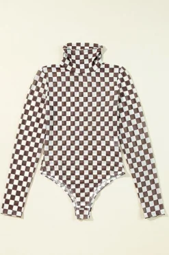 New Dear-Lover Checkered Printed Long Sleeve High Neck Bodysuit Brown