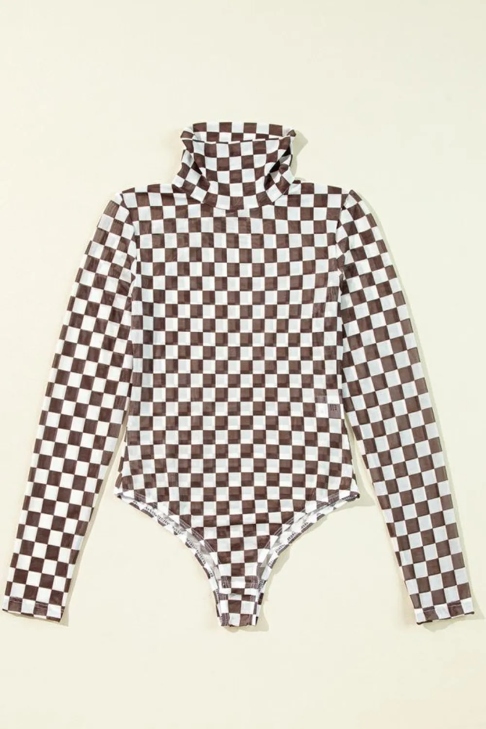 New Dear-Lover Checkered Printed Long Sleeve High Neck Bodysuit Brown