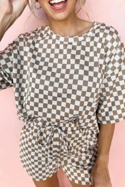 Online Dear-Lover Checkered Top and Short Casual 2pcs Set Brown