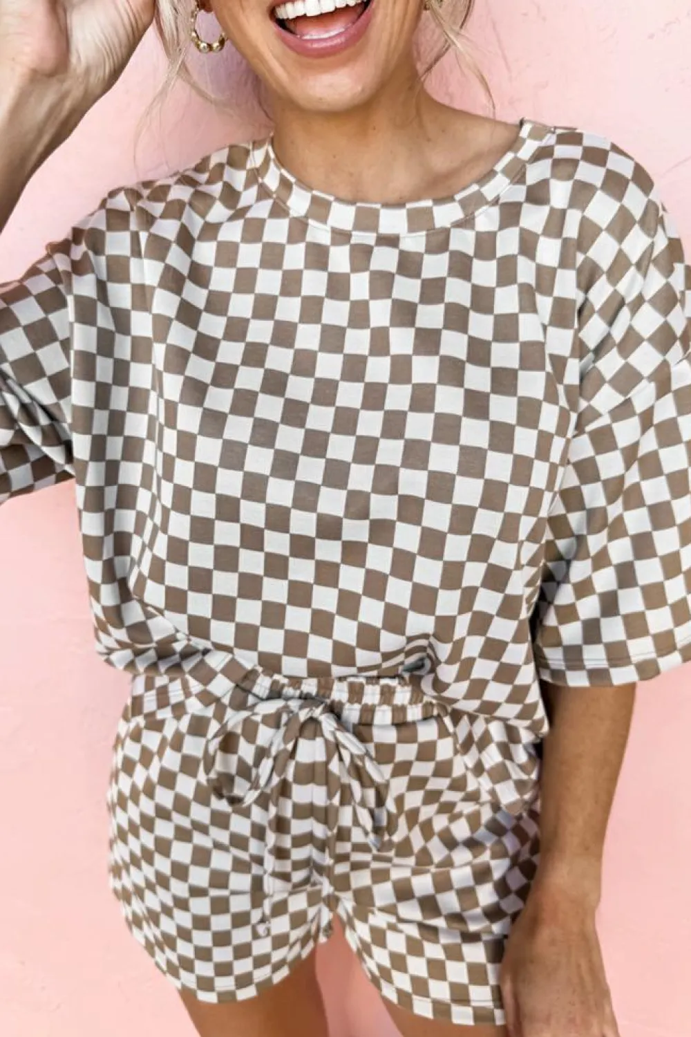 Online Dear-Lover Checkered Top and Short Casual 2pcs Set Brown
