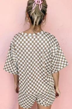 Online Dear-Lover Checkered Top and Short Casual 2pcs Set Brown