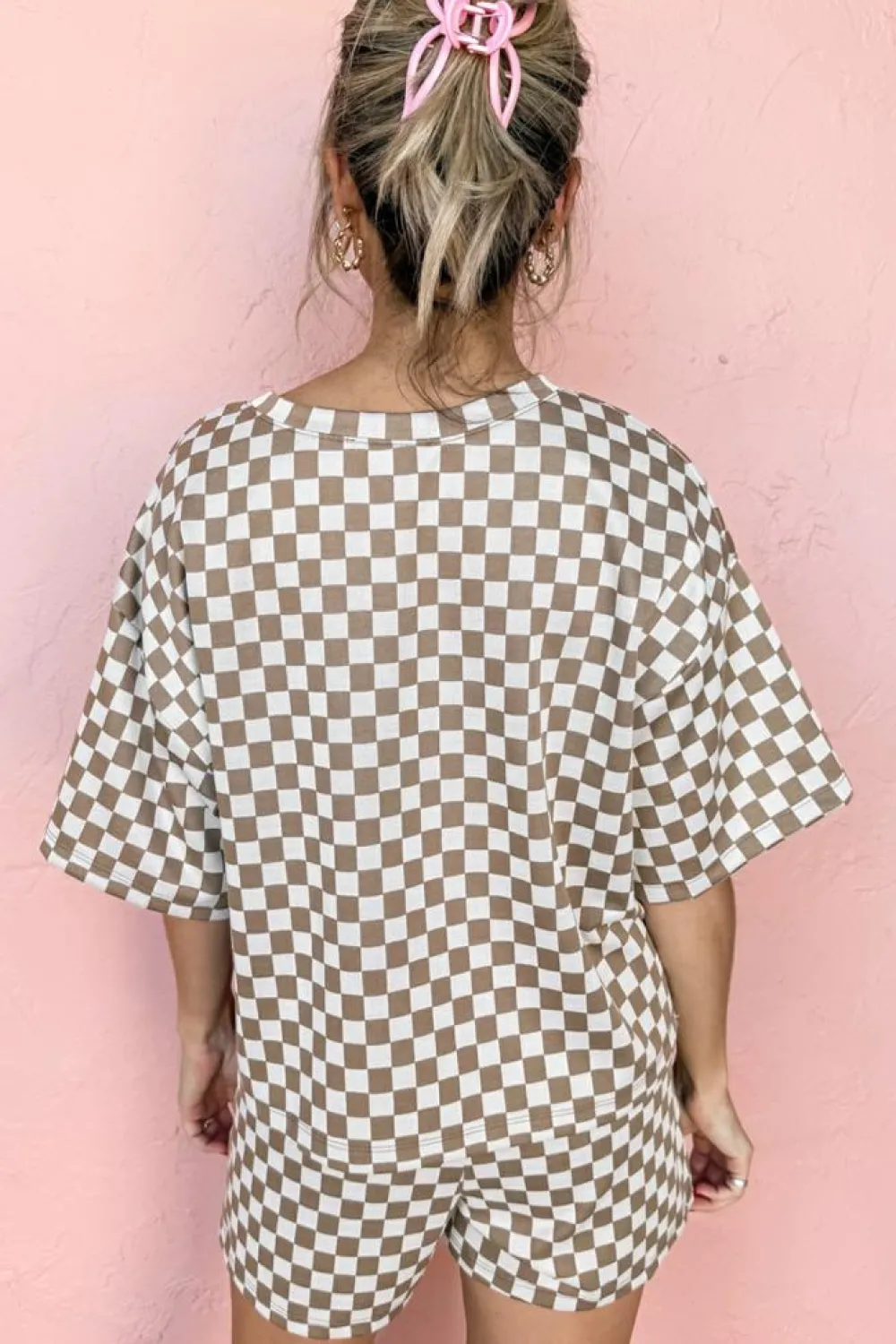 Online Dear-Lover Checkered Top and Short Casual 2pcs Set Brown