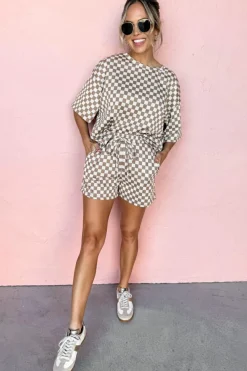 Online Dear-Lover Checkered Top and Short Casual 2pcs Set Brown