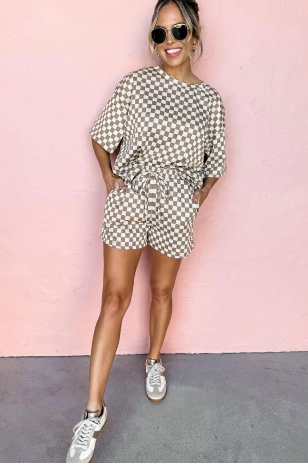 Online Dear-Lover Checkered Top and Short Casual 2pcs Set Brown