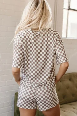 Online Dear-Lover Checkered Top and Short Casual 2pcs Set Brown