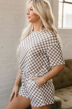 Online Dear-Lover Checkered Top and Short Casual 2pcs Set Brown