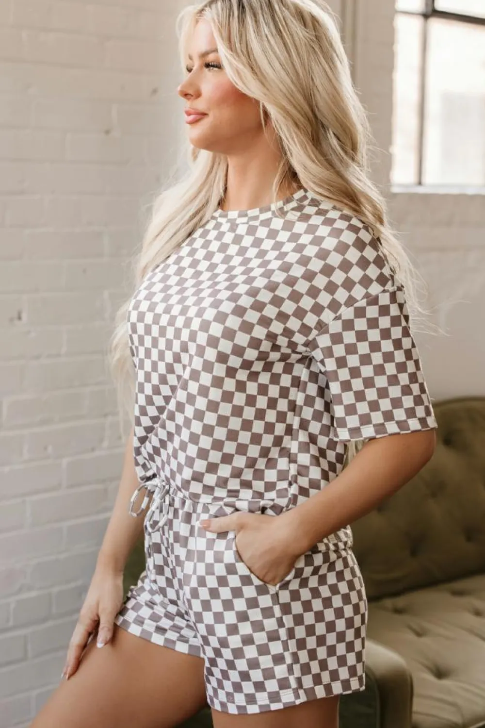 Online Dear-Lover Checkered Top and Short Casual 2pcs Set Brown