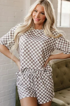 Online Dear-Lover Checkered Top and Short Casual 2pcs Set Brown