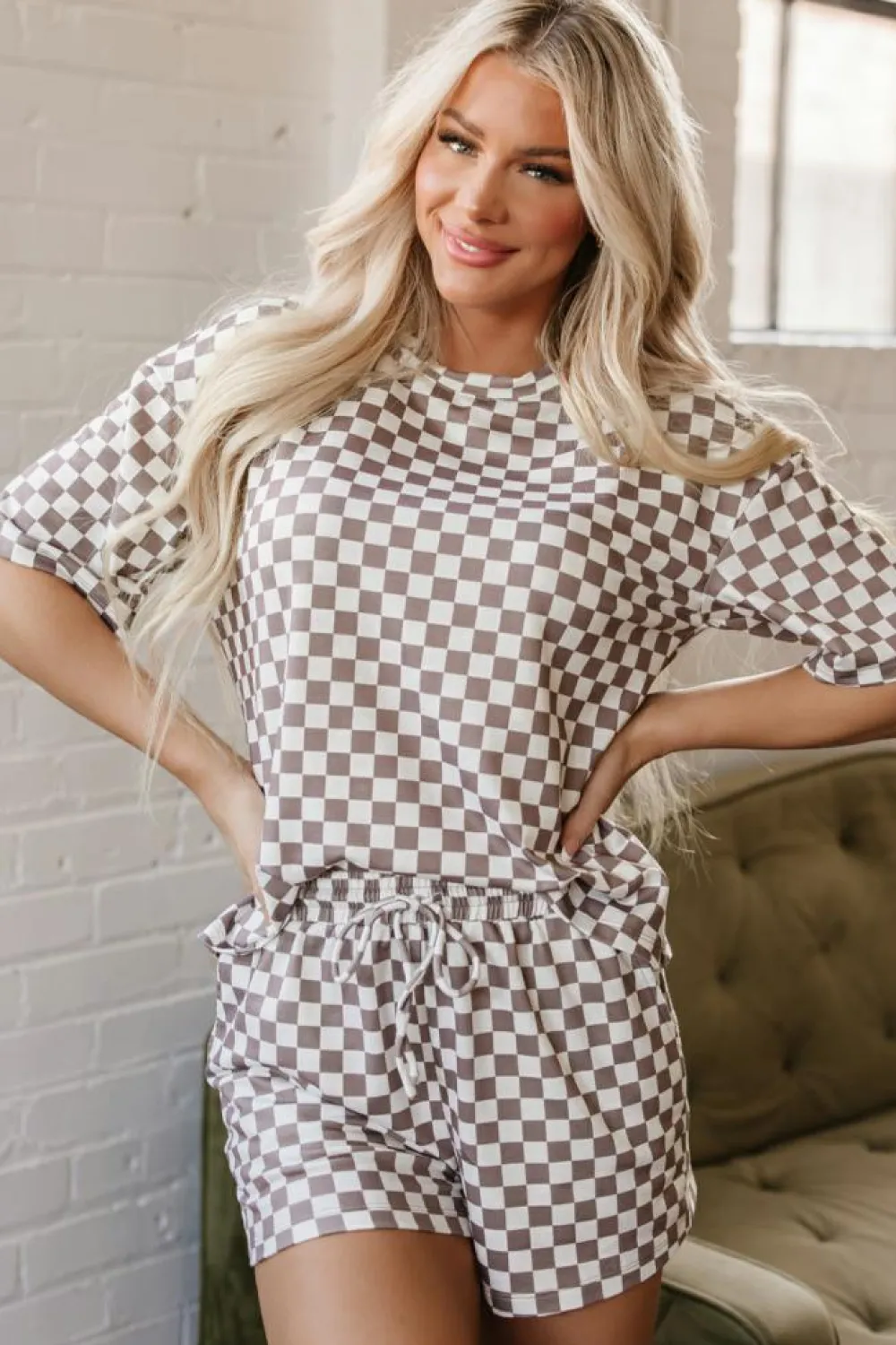 Online Dear-Lover Checkered Top and Short Casual 2pcs Set Brown