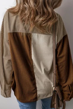 Clearance Dear-Lover Color Block Chest Pockets Buttoned Corduroy Shacket Brown