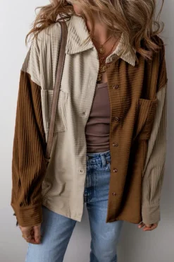 Clearance Dear-Lover Color Block Chest Pockets Buttoned Corduroy Shacket Brown
