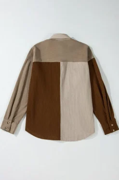 Clearance Dear-Lover Color Block Chest Pockets Buttoned Corduroy Shacket Brown