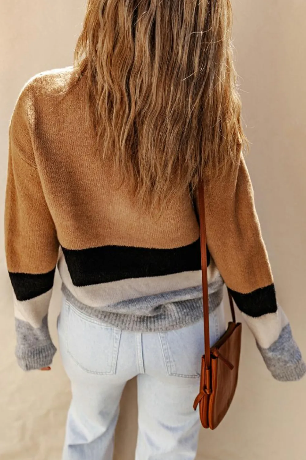 Clearance Dear-Lover Color Block Striped Ribbed Knit Sweater Brown