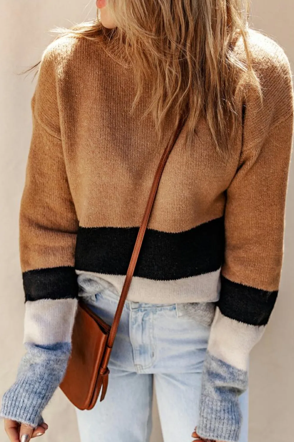 Clearance Dear-Lover Color Block Striped Ribbed Knit Sweater Brown