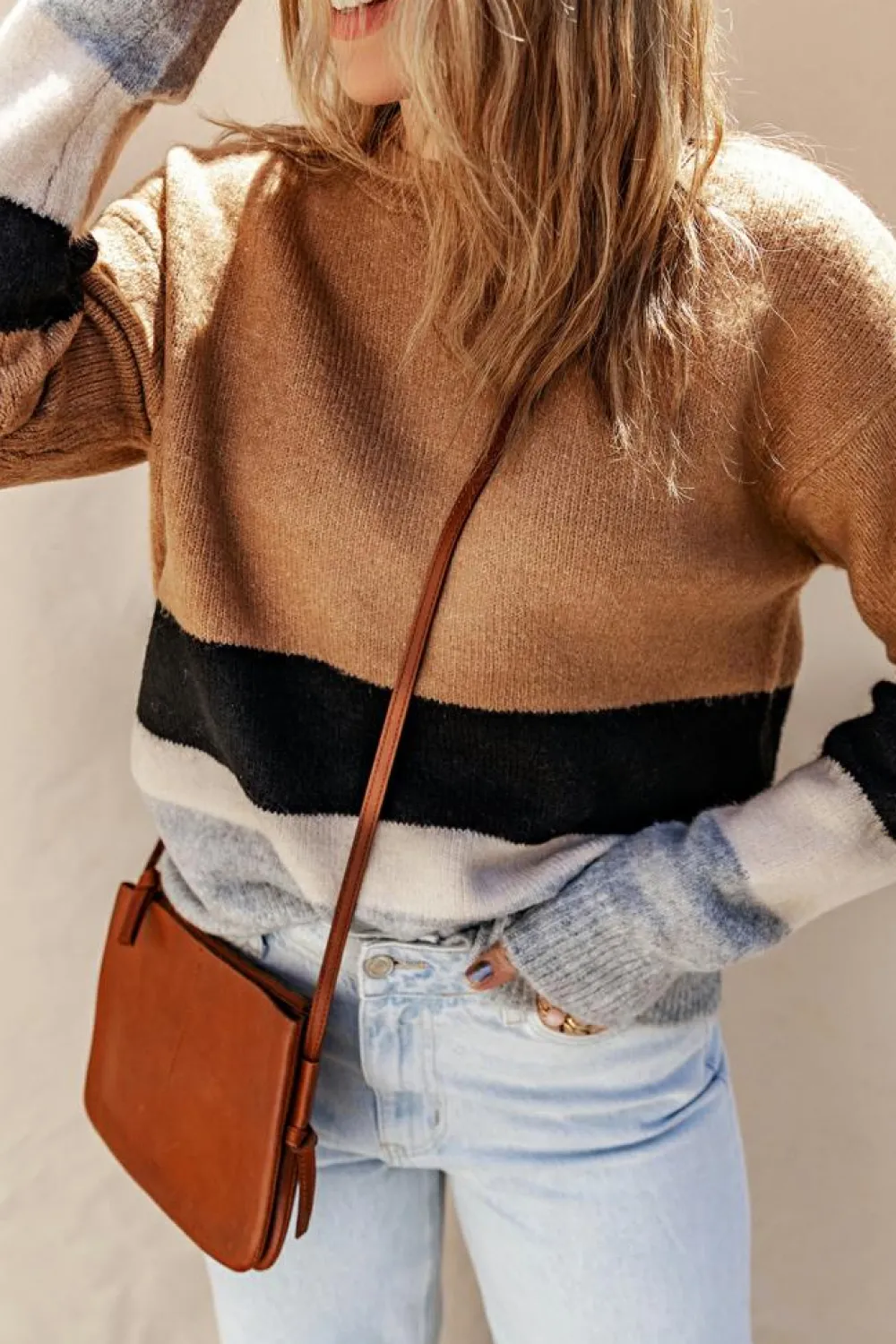 Clearance Dear-Lover Color Block Striped Ribbed Knit Sweater Brown