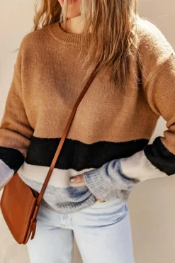 Clearance Dear-Lover Color Block Striped Ribbed Knit Sweater Brown