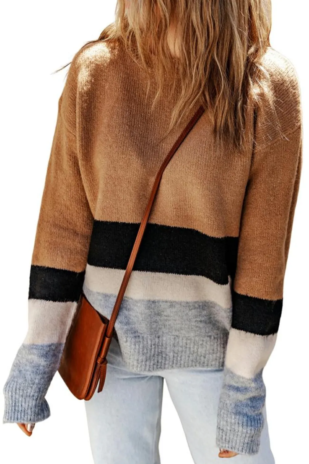 Clearance Dear-Lover Color Block Striped Ribbed Knit Sweater Brown