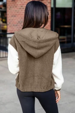 Online Dear-Lover Colorblock Hooded Zip-Up Pocketed Sherpa Jacket Brown