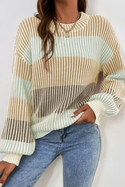 Outlet Dear-Lover Colorblock Textured Knit Bubble Sleeve Sweater Brown