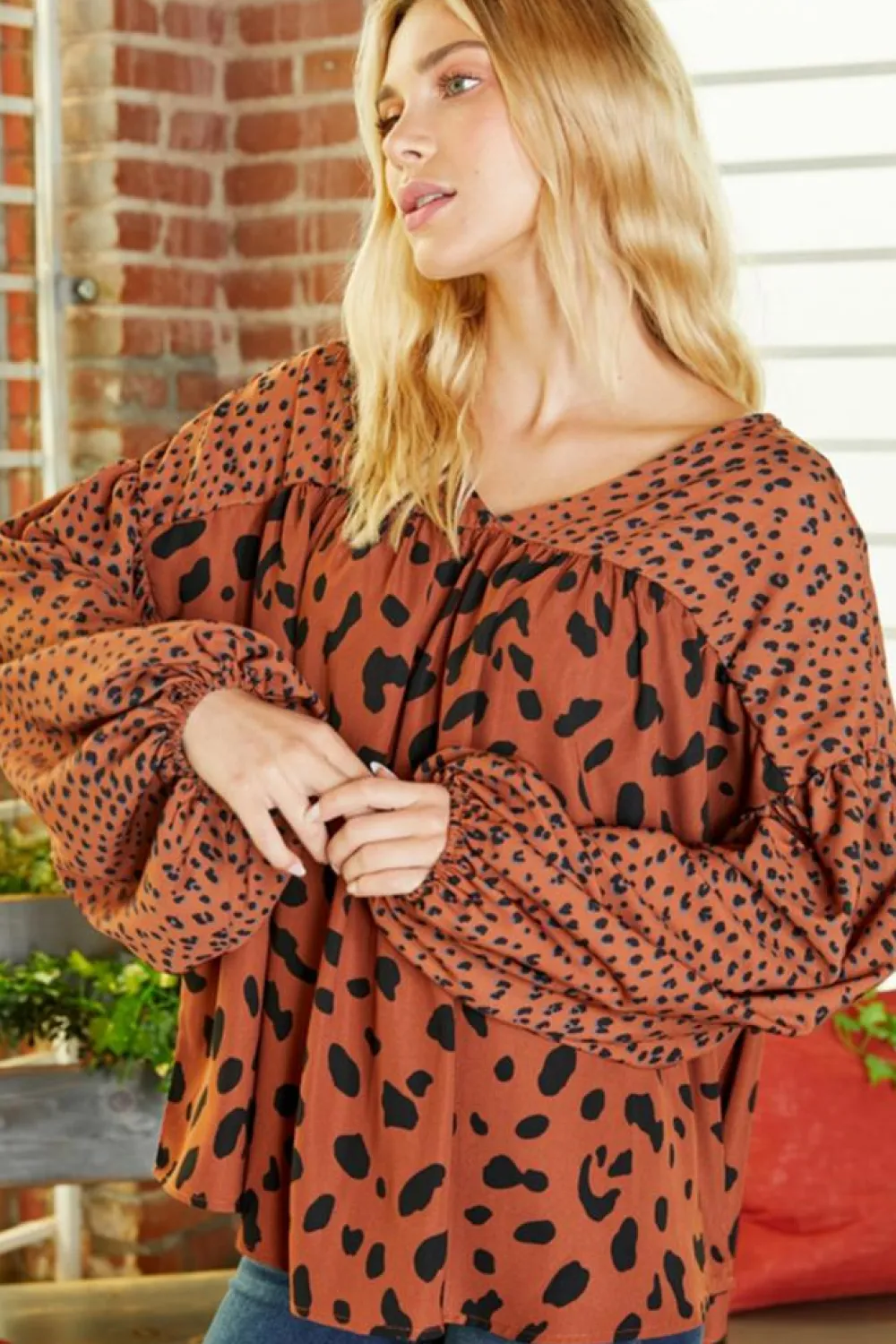 Fashion Dear-Lover Contrast Leopard Print Bubble Sleeve Blouse Brown