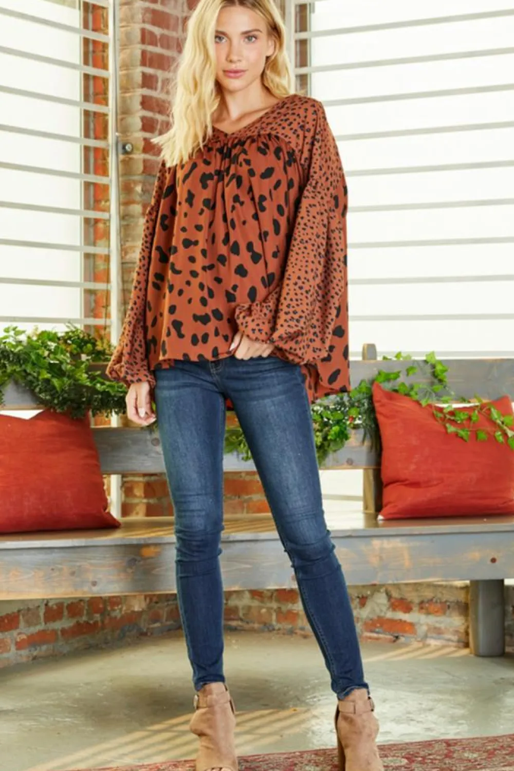 Fashion Dear-Lover Contrast Leopard Print Bubble Sleeve Blouse Brown