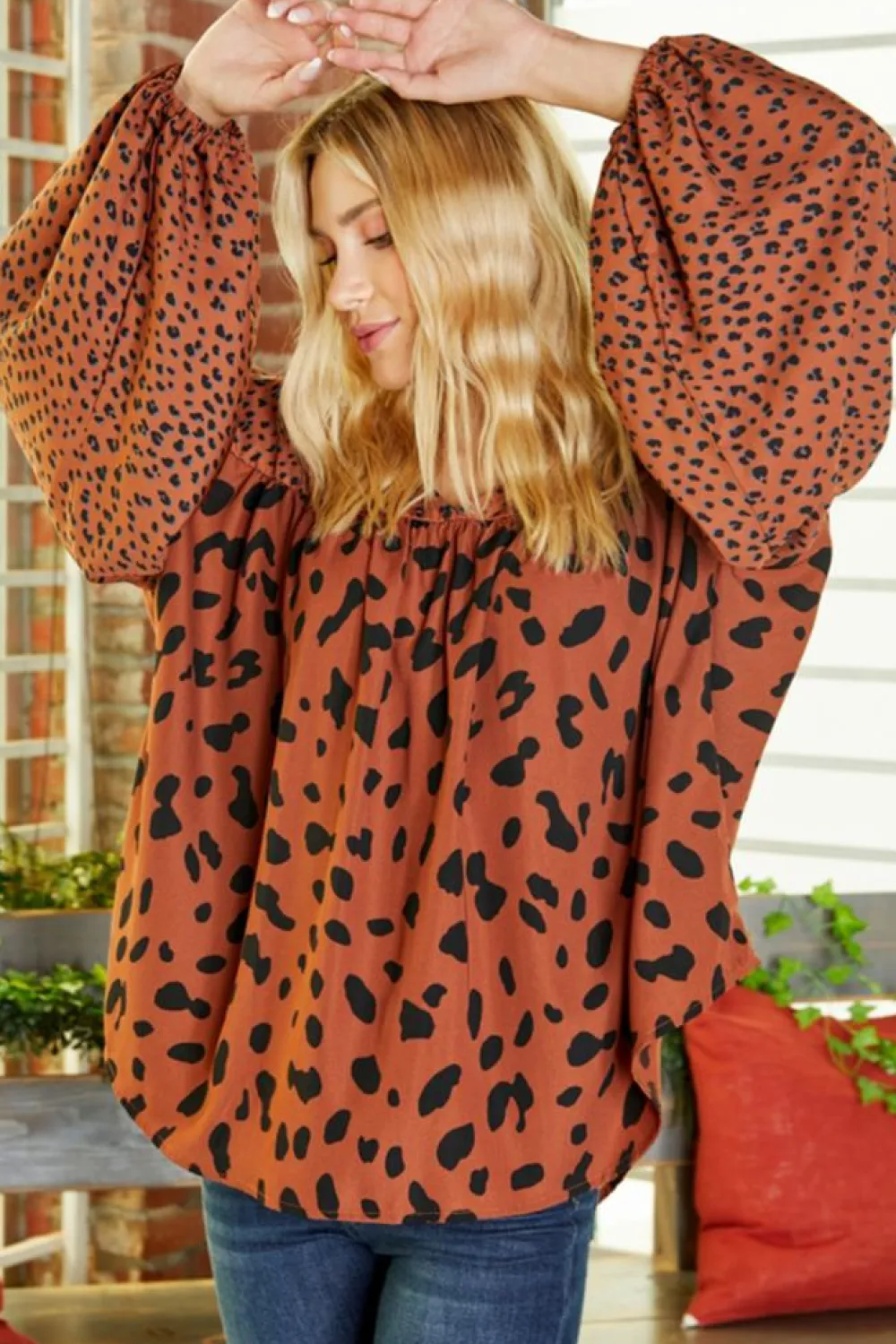 Fashion Dear-Lover Contrast Leopard Print Bubble Sleeve Blouse Brown