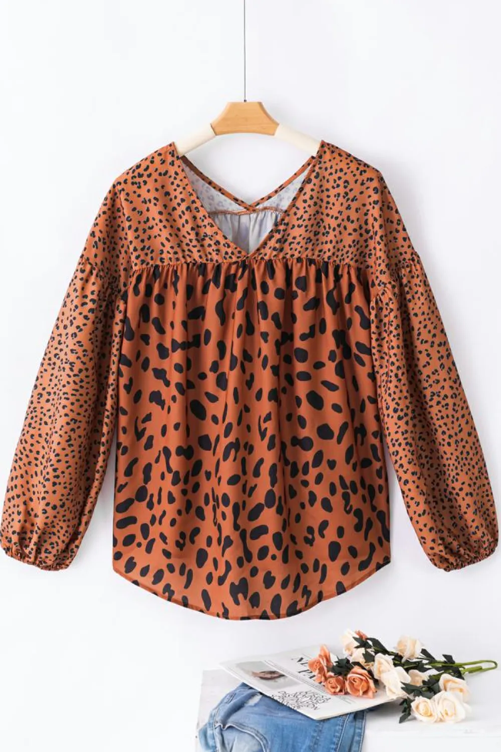 Fashion Dear-Lover Contrast Leopard Print Bubble Sleeve Blouse Brown