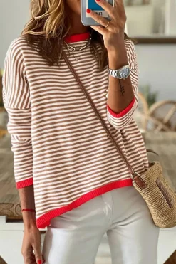 Online Dear-Lover Contrast Trimmed Striped Drop Shoulder Sweater Brown