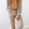New Dear-Lover Corded 2pcs Colorblock Pullover and Pants Outfit Brown