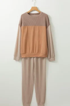 New Dear-Lover Corded 2pcs Colorblock Pullover and Pants Outfit Brown