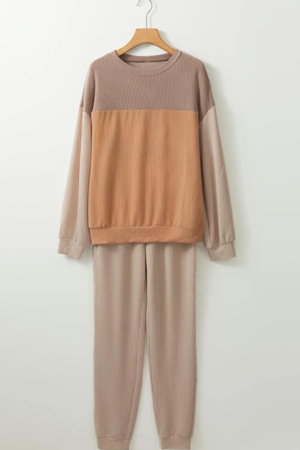 New Dear-Lover Corded 2pcs Colorblock Pullover and Pants Outfit Brown