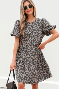 Fashion Dear-Lover Denim Leopard Printed Short Puff Sleeve Mini Dress Brown