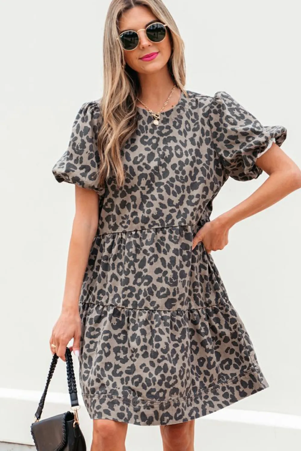 Fashion Dear-Lover Denim Leopard Printed Short Puff Sleeve Mini Dress Brown