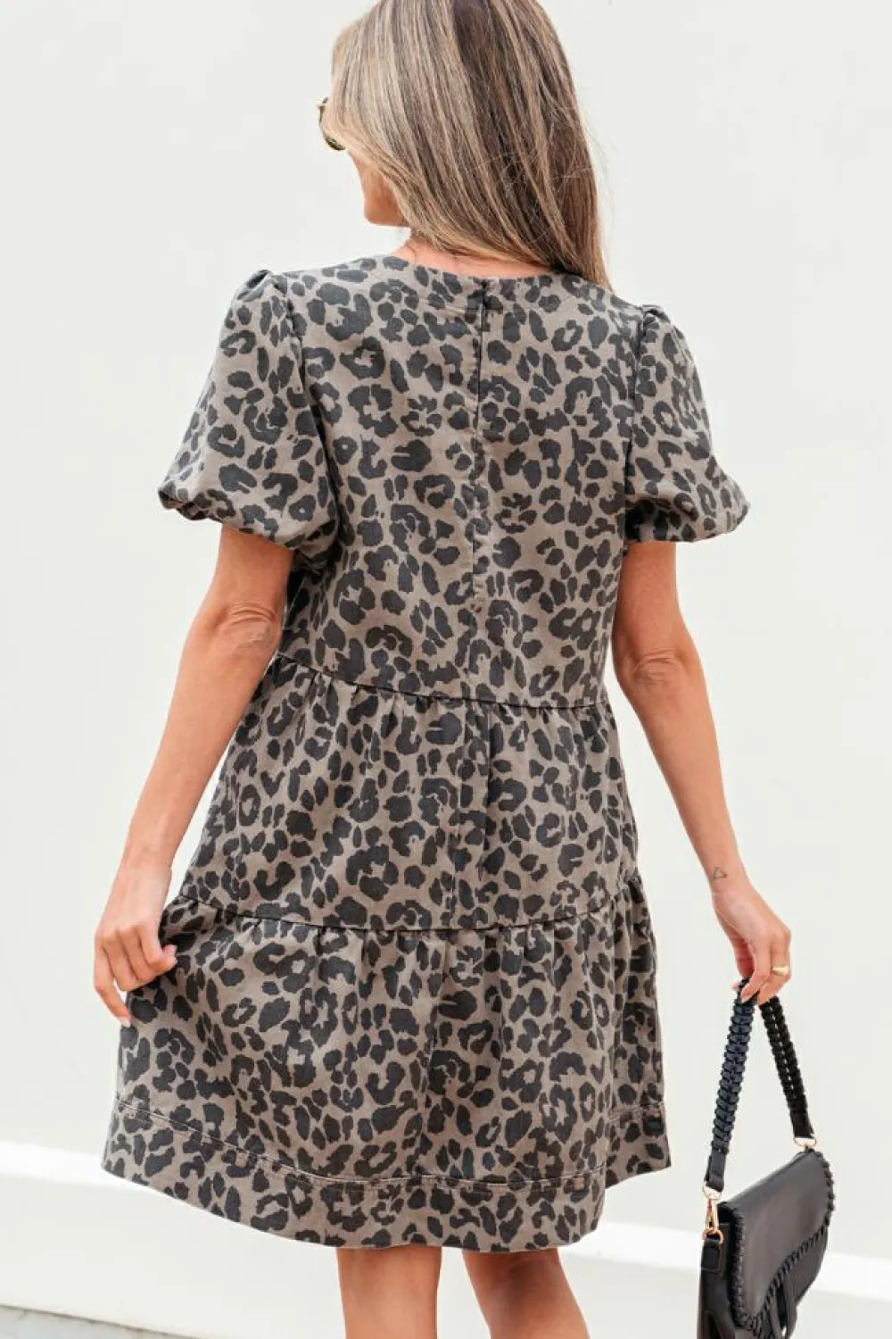 Fashion Dear-Lover Denim Leopard Printed Short Puff Sleeve Mini Dress Brown
